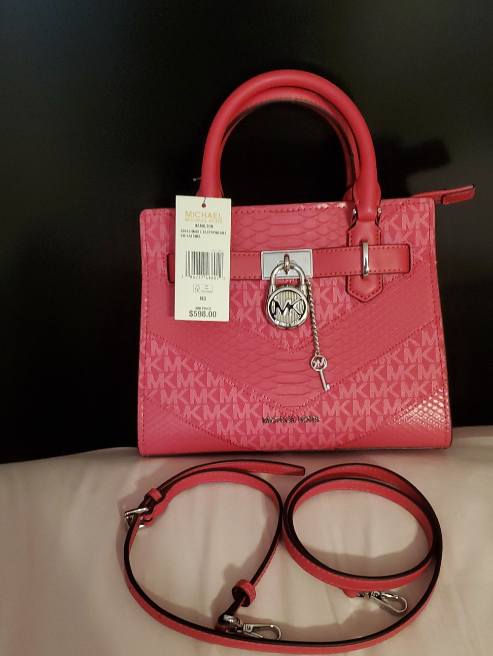 Michael Kors Hot Pink MK Print Satchel with Key Charm